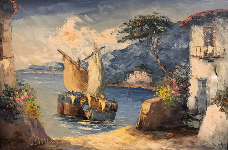 Large Antique Impasto-Style Oil: Description: Large, signed, impasto oil on canvas depicting a Mediterranean-style sea view and old-fashioned schooner type boat, framed by white stone houses graced with flowers in full bloom. Signed