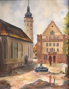 Signed European City Scene Oil on Canvas: Description: Compelling depiction of a European village scene with Moorish/Byzantium-influenced architecture. Gorgeous ochre-shaded color palette; set in attractive wood frame; signed in lower left