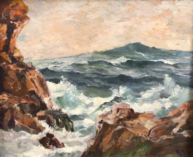 Signed, Abstract Ocean Scene Oil on Board: Description: This abstract style oil on board is a glorious depiction of a raging sea amid rocky cliffs. Signed by artist "tola" in lower right corner; framed in wood. Material: canvas; wood.