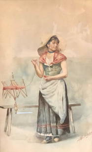 Amelio Schwicker Watercolor: Description: Amelio Schwicker watercolor portrayal of a traditionally dressed miss idly working with wool while gazing off in the distance. Delicately rendered with a soft color palette and rich detai