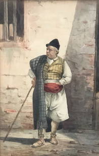 Alpine Villager Vintage Watercolor: Description: Signed watercolor depicting an older gentleman in traditional alpine villager attire, posing in the sunlight. He uses his walking staff to stand comfortably and has his hand casually rest