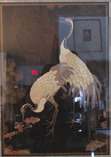 Asian-Style Crane Painting: Description: Resplendent Asian-style artwork. Two cranes are beautifully portrayed, painted on paper and set between 2 pieces of polycast acrylic, then framed. A stunning piece of art. Cranes are a