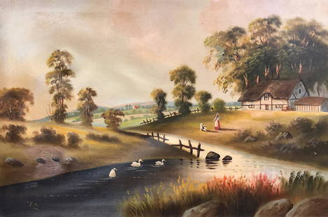 Large Landscape, Oil on Canvas: Description: Large oil on canvas, depicting a vividly painted glimpse into farm life, featuring a girl frolicking with her dog and swans serenely gliding across the water. Slight repair in canvas by