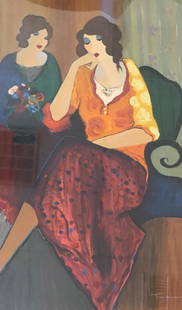 Large Itzchak Tarkay Watercolor: Description: Very rare find! Large, gloriously vivid Itzchak Tarkay watercolor. This grand scale work depicts two lovely woman who appear completely at ease, a common portrayal in Tarkay's work. 