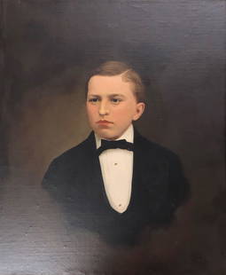 Vintage 17th Century-style Oil Painting Portrait: Description: Vintage oil painting portrait of a young boy, formally dressed against a dark background. The painting features only his head and shoulders as the bottom of the painting fades into a