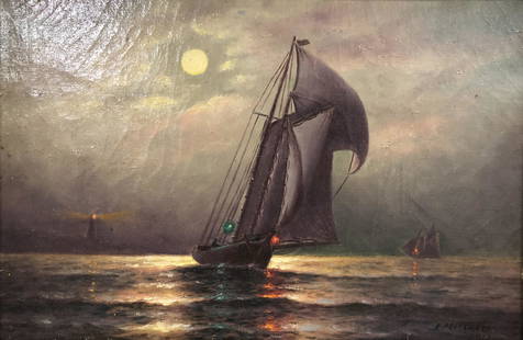 E. Pritchard Antique Ship at Sea Oil: Description: Antique oil on canvas depicting a small ship, under full sail on the open sea at night. Signed by artist E. Pritchard (Edward F. D. Pritchard, British, 1809-1905), dated 1912; framed in a