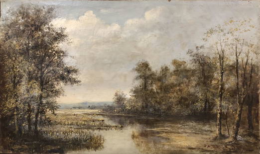 Antique Wells Oil, 1832: Description: Antique oil mounted over a wood frame; signed by artist Wells in lower right corner and dated 1832. The painting depicts a tranquil forest scene with small stream in center. Painted in a