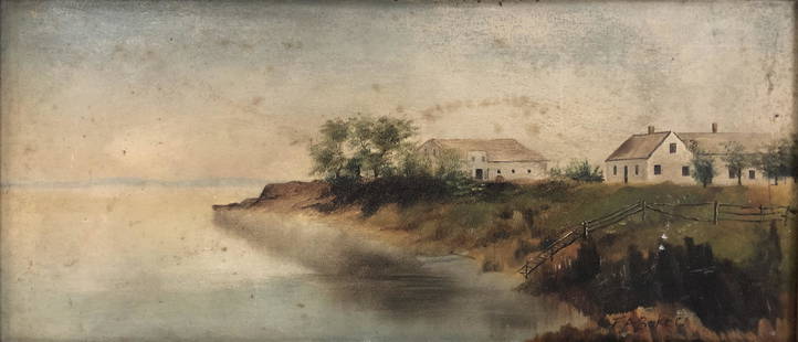Antique F.A. Baker Oil on Board: Description: Antique F.A. Baker oil on board depicting a farm with outbuildings set on a cliff above the water. Muted, soft colors; signed by artist on lower right corner. Framed in antique wood;