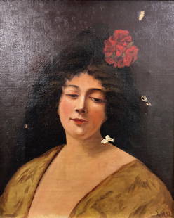 Late 19th Century Lady Portrait: Description: 19th century oil portrait depicting a woman with demurely downcast eyes and a red flower in her flowing brown hair. Signed by artist LHU in lower right corner. Framed in gilded wood;