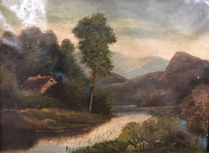 Late 19th C. Signed Landscape Oil Painting: Description: Antique landscape oil depicting a rural scene populated with a single home amid hills and a lake. Darker color palette with impressionist-style strokes; framed in gilded carved wood.