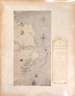 Antique Map of Raleigh: Description: Antique map depicting Raleigh's Virginia by John White. Beautiful hand tinting and detail. Portrays the coastal area at approximately circa 1585-86. An explanation of the map is printed