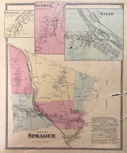 Antique Scaled Paper Map of the Town of Sprague CT: Description: Antique scaled map of the town of Sprague CT, circa 1868. Hand colored, this antique paper map divides the town into districts and lists the names of businesses and landowners within the