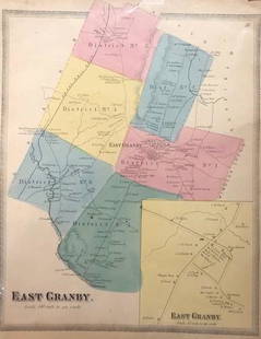 Antique Scaled Paper Map of East Granby CT, c. 1869: Description: Antique scaled map of East Granby CT, circa 1869. Hand colored, this antique paper map divides the town into districts and lists the names of businesses and landowners within the town