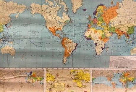 Vintage Rand McNally Pull Down Classroom Map: Description: Vintage Rand McNally pull down classroom cloth map depicting A Century of World Exploration, 1480-1580. Vintage find brings back memories of social studies classes, chalk dust,