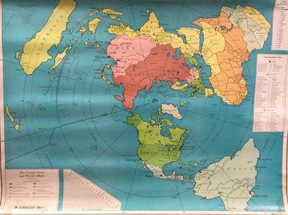 Vintage Rand McNally Pull Down Classroom Map: Description: Rand McNally pull down classroom cloth map depicting the United States and World Affairs. Vintage find brings back memories of social studies classes, chalk dust, remembering locker