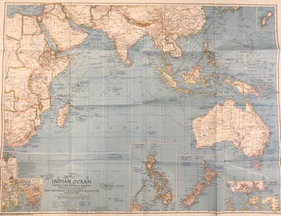 Vintage National Geographic Magazine map of the Indian: Description: Vintage color paper map from National Geographic Magazine depicting the Indian Ocean. Copyright 1941. Material: paper. Measurement: approximate 26.5"h x 34"w (INCHES). Shipping cost: $12;