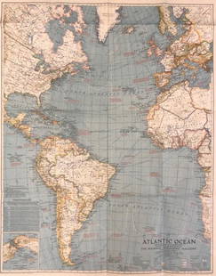 Vintage National Geographic Magazine Map: Description: Vintage color paper map from National Geographic Magazine depicting the Atlantic Ocean. Copyright 1939. Material: paper. Measurement: approximate 26.5"h x 34"w (INCHES). Shipping cost:
