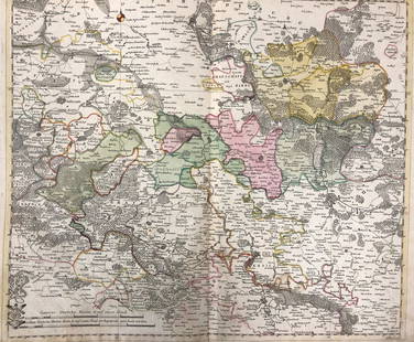 1753: Antique Map from School Atlas by Leonhard Euler: Description: Extremely rare double page map from the 1753 first edition of the School Atlas by Leonhard Euler. Entitled: Tabula Geographica Principatus Anhaltini et finitimarum Regionum correctior