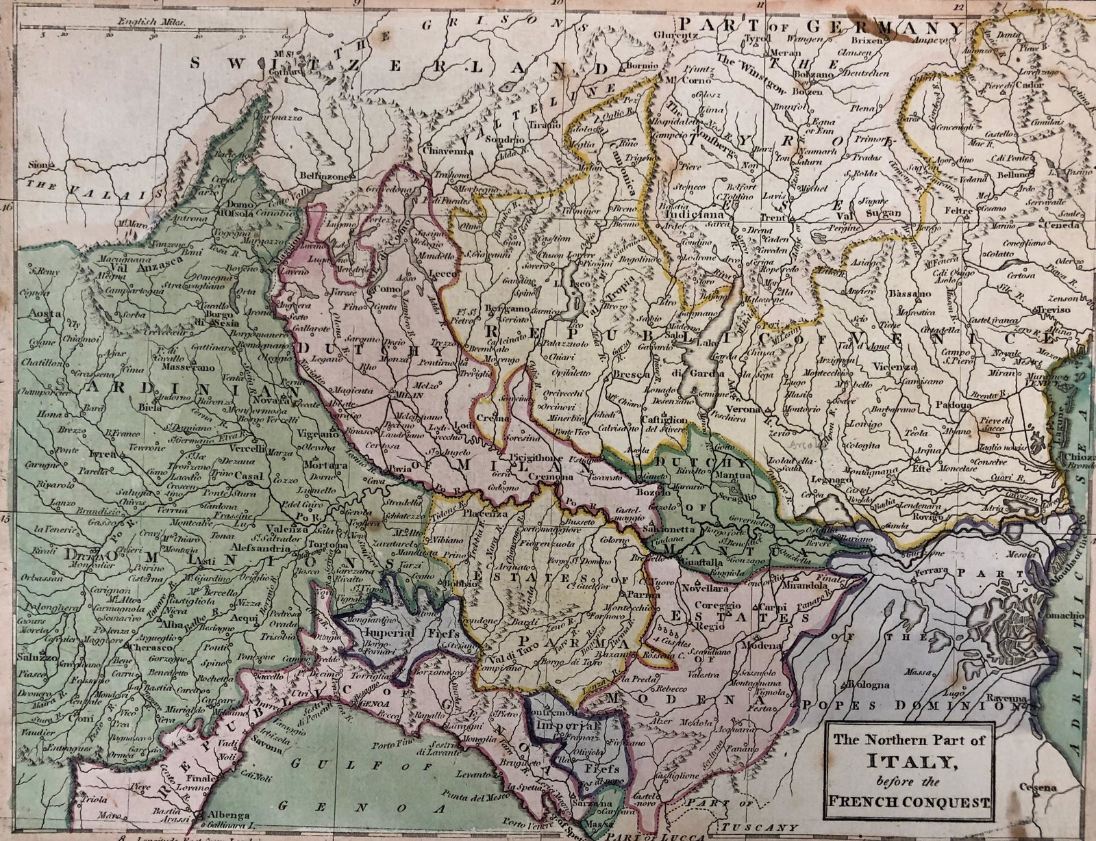 Antique Luffman Map of N. Italy: Description: Antique Luffman map entitled The Northern Part of Italy, before the French Conquest. Published by John Luffman (1756-1846). Very detailed; hand colored copper engraving; circa early 19th
