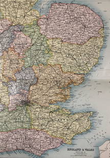 Historic J. Bartholomew Map, Folio from Library: Description: Folio from the Library Reference Atlas, page 14, Map of England & Wales, section 3 by John Bartholomew & Co. Born in Edinburgh in 1831, John Bartholomew was a noted Scottish