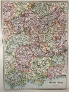 Historic J. Bartholomew Map, Folio from Library: Description: Folio from the Library Reference Atlas, page 15, Map of England & Wales, section 4 by John Bartholomew & Co. Born in Edinburgh in 1831, John Bartholomew was a noted Scottish
