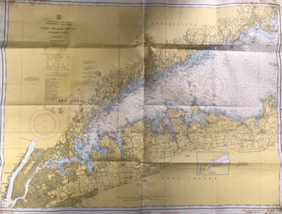 Land Ho! Antique L.I. Sound, Western Part, CT-NY USCG: Description: Ahoy! Antique Coast Guard nautical chart of the L.I. Sound, Western Part, CT-NY. Numbered C. & G. S. 1213; published 1963. Material: paper. Measurement: approximate 36" x 45" (INCHES).