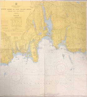 Land Ho! Antique N. Shore of the L.I. Sound, CT USCG: Description: Ahoy! Antique Coast Guard nautical chart of the L.I. Sound CT, Niantic Bay and Vicinity. Numbered C. & G. S. 214; published 1969. Material: paper. Measurement: approximate 30" x 33"