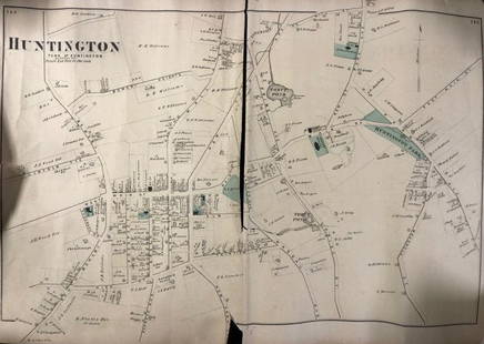 Antique Town of Huntington Map: Description: Antique Town of Huntington map depicting street names and the names of the homeowners at the time. Significant ripping along fold. Material: paper. Shipping: $12; different rate to