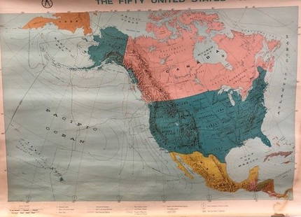 Vintage Rand McNally Pull Down Classroom Map: Description: Rand McNally pull down classroom cloth map depicting the Fifty United States. Vintage find brings back memories of social studies classes, chalk dust, remembering locker combinations and
