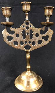 Chinese Etched Brass Candelabra: Description: Vintage Chinese etched brass candelabra. Wonderful pattern of etched dragons on both sides, etched base. Robust brass construction; lovely patina. Material: brass. Measurement: 10"h x