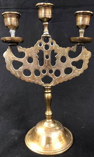 Chinese Etched Brass Candelabra: Description: Vintage Chinese etched brass candelabra. Wonderful pattern of etched dragons on both sides, etched base. Robust brass construction; lovely patina. Material: brass. Measurement: 10"h x 7"w