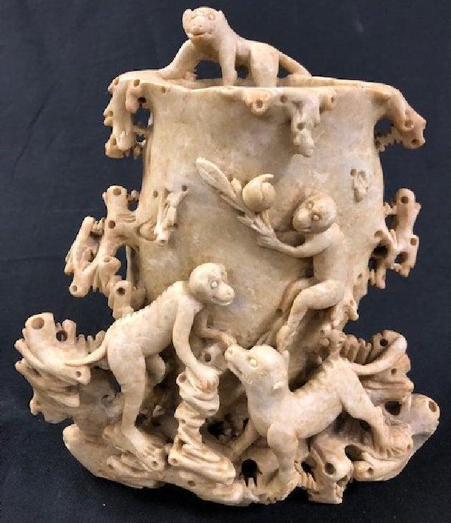 Asian Soapstone Carved Vase w/Monkeys (1 of 4)