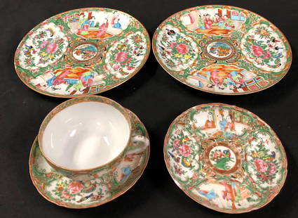 Qing Dynasty Chinese Collection Tea Cup and Plates: Description: Qing Dynasty - Beautifully painted antique set of a tea cup with handle, 2 saucers and 2 luncheon-sized plates in dainty and delicate porcelain. One luncheon plate has maker's mark