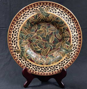 Decorative Vintage Asian Porcelain Platter: Description: Interesting vintage large Asian porcelain platter, painted with small leaves and accented by gilt detail. Not safe for food use; stamped on underside. Material: porcelain. Measurement: