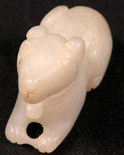 Vintage Chinese Carved Jade Animal Figure: Description: Vintage Chinese carved jade animal figure. Carved from cool celadon green jade, depicting a patient dog-like character in repose. Jade has been the most highly esteemed stone in China