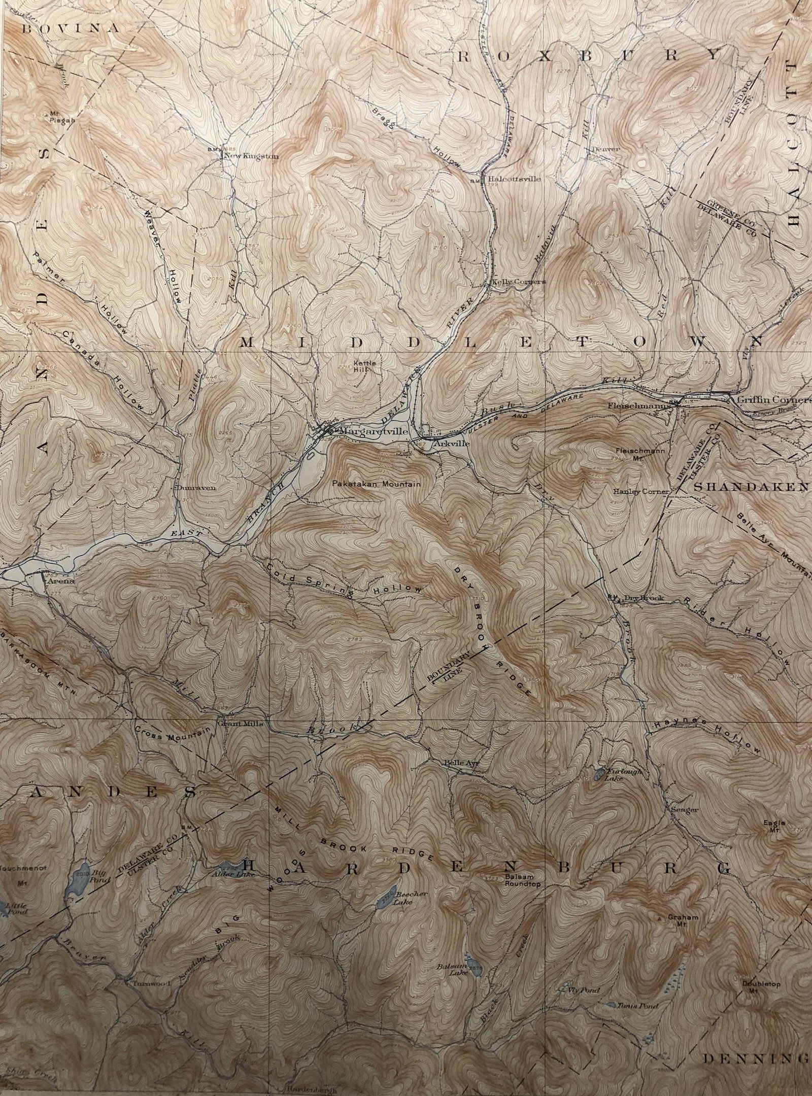 1947 NY Margaretville Quadrangle Geological Survey Map: Description: Vintage 1947 NY Margaretville Quadrangle Geological Survey Map, reprinted from a 1904 edition. H.M. Wilson, geographer in charge, control by Gilbert Young, Oscar Jones, E.L. McNair, topog