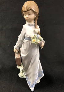 Lladro #7604 "School Days" Young Girl w/ Bouquet &: Description: Lladro #7604 "School Days" Young Girl w/ Bouquet & Briefcase, Collector's Society Edition. Double stamped and dated on underside. Fine, hand made Spanish porcelain, highly detailed and