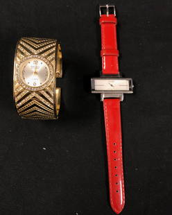 Vintage Ladies Statement Watches: Description: Bold and unique vintage ladies statement watches from Guess and Embassy by Gruen. Bracelet style, gold tone Embassy by Gruen watch, Gem 3414L, with Japanese movement, stainless back and