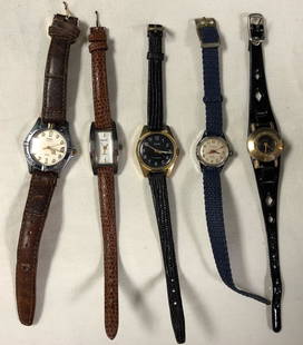 Collection of Ladies Vintage Watches: Description: Splendid set of five vintage ladies watches, including a Caravelle with canvas band, Swerve with a leather band, Lasalle 17 jewel, vintage Timex and a Russian round 17 Jewel watch with