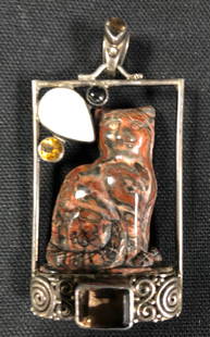 Vintage Sajen Sterling Silver Pendant: Description: Terrific vintage sterling, onyx and semi precious stone pendant by Sajen, depicted a self-satisfied (and is there any other kind?) cat. Beautiful mix of sterling and stones, this is a