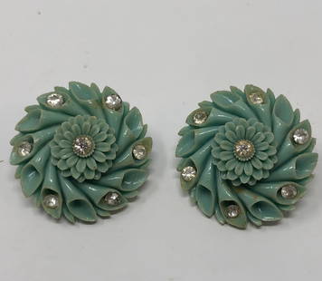 1940s Vintage Acrylic Aqua Blue Flower Earrings: Description: 1940s vintage acrylic aqua blue flower earrings, delightfully embellished with small rhinestones; non-pierced, clip on style. Measurement: approximate 1.25" (INCHES). Material: