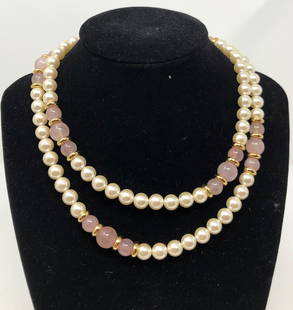 Napier Pearl and Stone Necklace: Description: Pretty Napier faux pearl and pink natural stone necklace, set with gold tone spacers. Elegant and always appropriate! Material; glass; stone. Measurement: approximate 30" (INCHES).