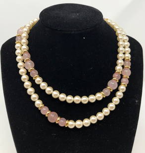 Napier Pearl and Stone Necklace: Description: Pretty Napier faux pearl and pink natural stone necklace, set with gold tone spacers. Elegant and always appropriate! Material; glass; stone. Measurement: approximate 30" (INCHES). Shippi