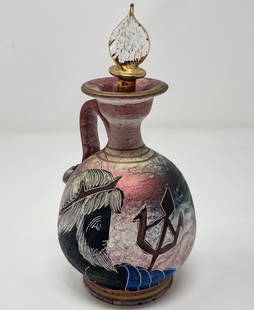 Vintage Hand Made Painted Terra Cotta Perfume Bottle: Description: Unique vintage painted terra cotta perfume bottle, hand made in Greece with a graceful glass stopper. Pitcher style, resembling an ancient olive oil or water jug, painted with a splendid