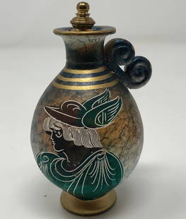 Petite Vintage Painted Terra Cotta Perfume Bottle: Description: Unique vintage painted terra cotta perfume bottle, petite size, hand made in Greece with small metal stopper. Pitcher style, resembling an ancient olive oil or water jug, painted with a s