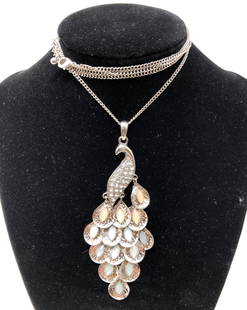 Perfect Peacock Long Necklace: Description: Perfect peacock long silver tone pendant necklace;3" long peacock is accented with rhinestones and glass beads in blue and pink for plumage. Chain is approximate #0" unclasped with a 3"