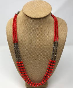 Red and Silver Tone Beaded Necklace: Description: Terrific Southwestern-style 3 strand beaded necklace in a striking color combination of red and silver. Material: metal: plastic. Measurement: approximate 26" (INCHES). Shipping: $15;