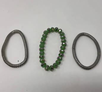 Vintage Bracelet Set: Description: Pretty coordinated set of 3 pull on vintage bracelets; two in silver tone mesh and one with light green glass beads edged in silver tone metal. They look lovely worn individually or