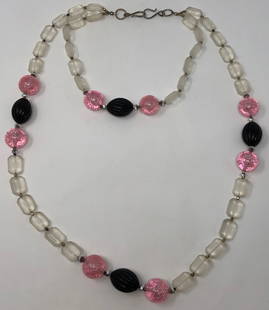 Vintage Frosted Lucite Necklace: Description: Wonderful long vintage frosted Lucite beaded necklace from the rockin' 1980s. Two stranded necklace is accented with bold and beautiful pink and black beads; one strand sits choker-style