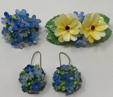 Denton and Aynsley Bone China Pins and Earrings: Description: Just lovely china pins and pierced earrings, all in a pretty floral pattern. Denton pin and matching pierced earrings feature petite blue flowers; Aynsley pin has bright yellow flowers